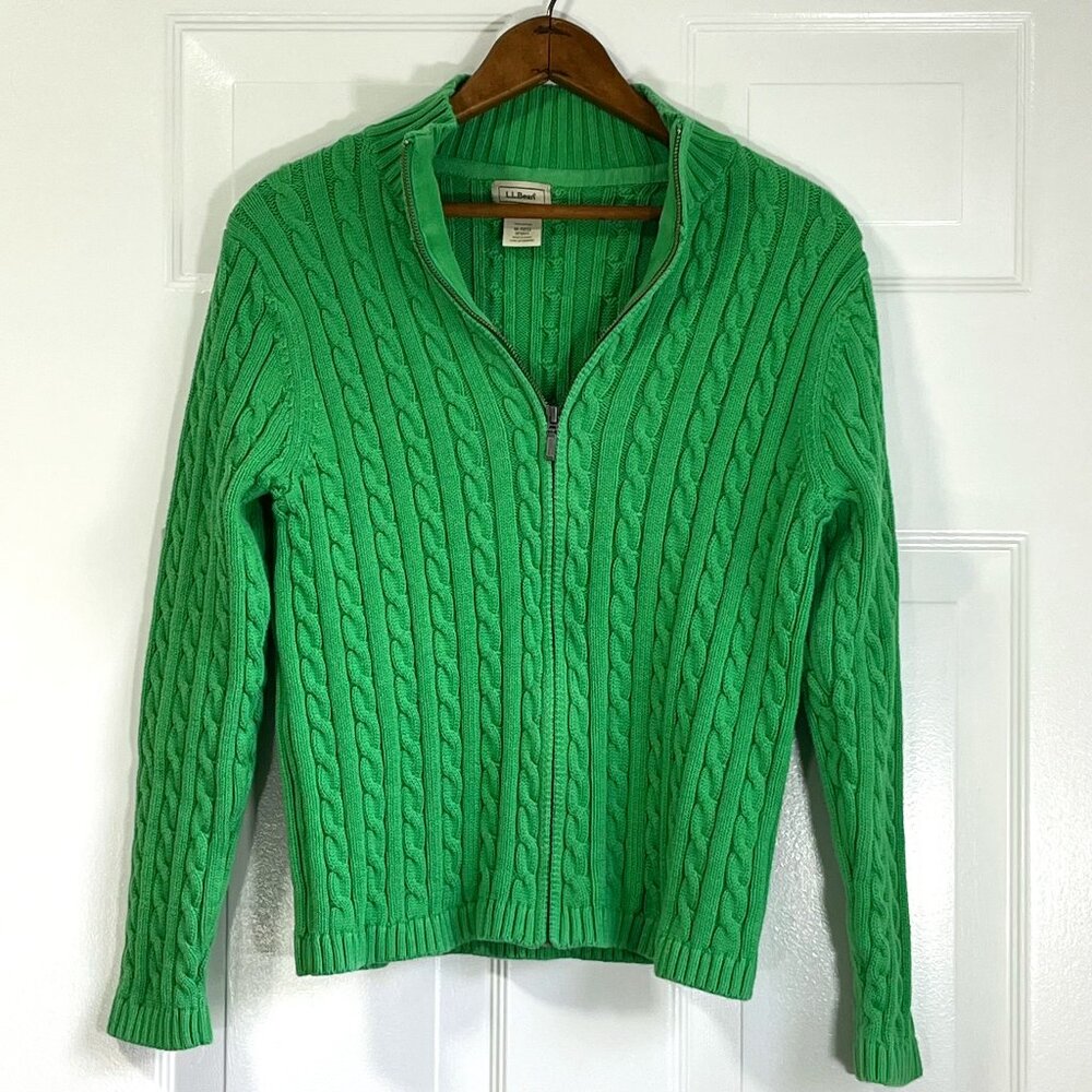 L.L. Bean Cable Knit Zip-Front Sweater - Bright Green